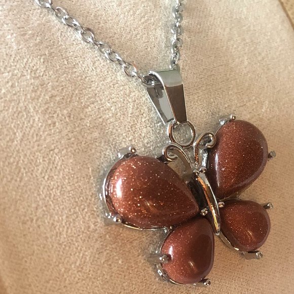 Gold Sandstone Butterfly Pendant Necklace - Picture 1 of 2